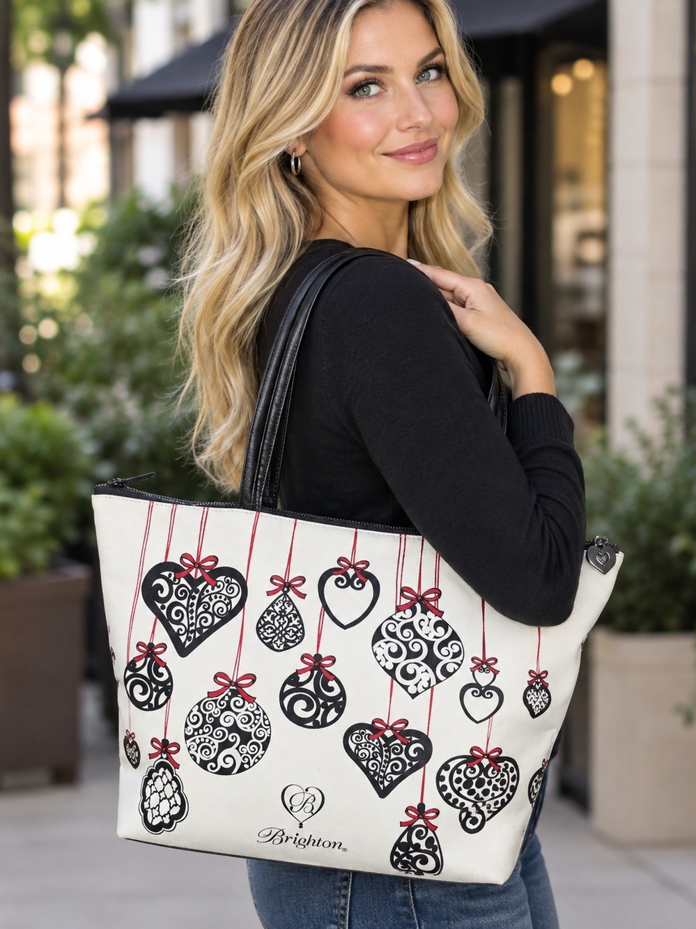 Brighton Cream Tote Bag with Black & Red Ornament Print, 16" x 11.5" x 4"